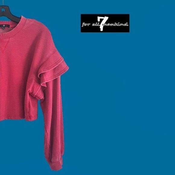 7 FOR ALL MANKIND NEW RED BERRY Ruffled Drop Shoulders Cropped Sweatshirt - Picture 4 of 11